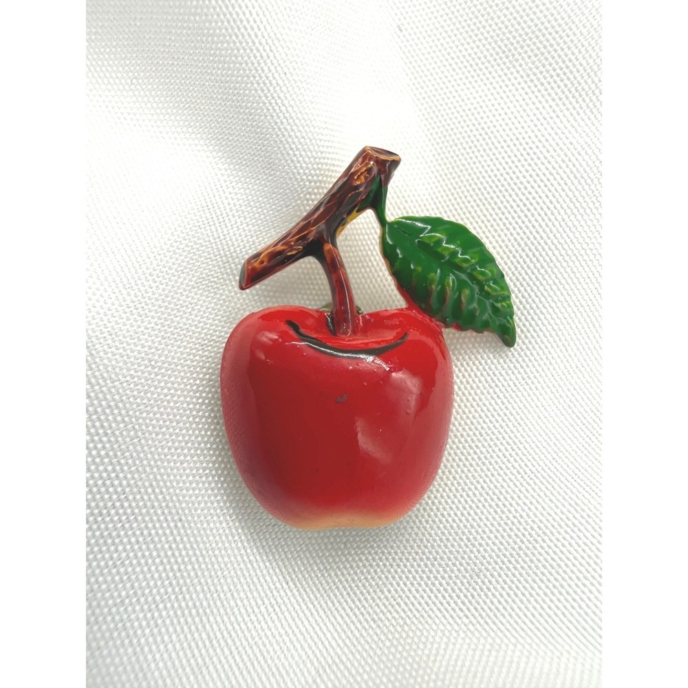 Vintage Red Apple Enamel Brooch Pin Gold Tone Fruit Teacher Gift Accessory